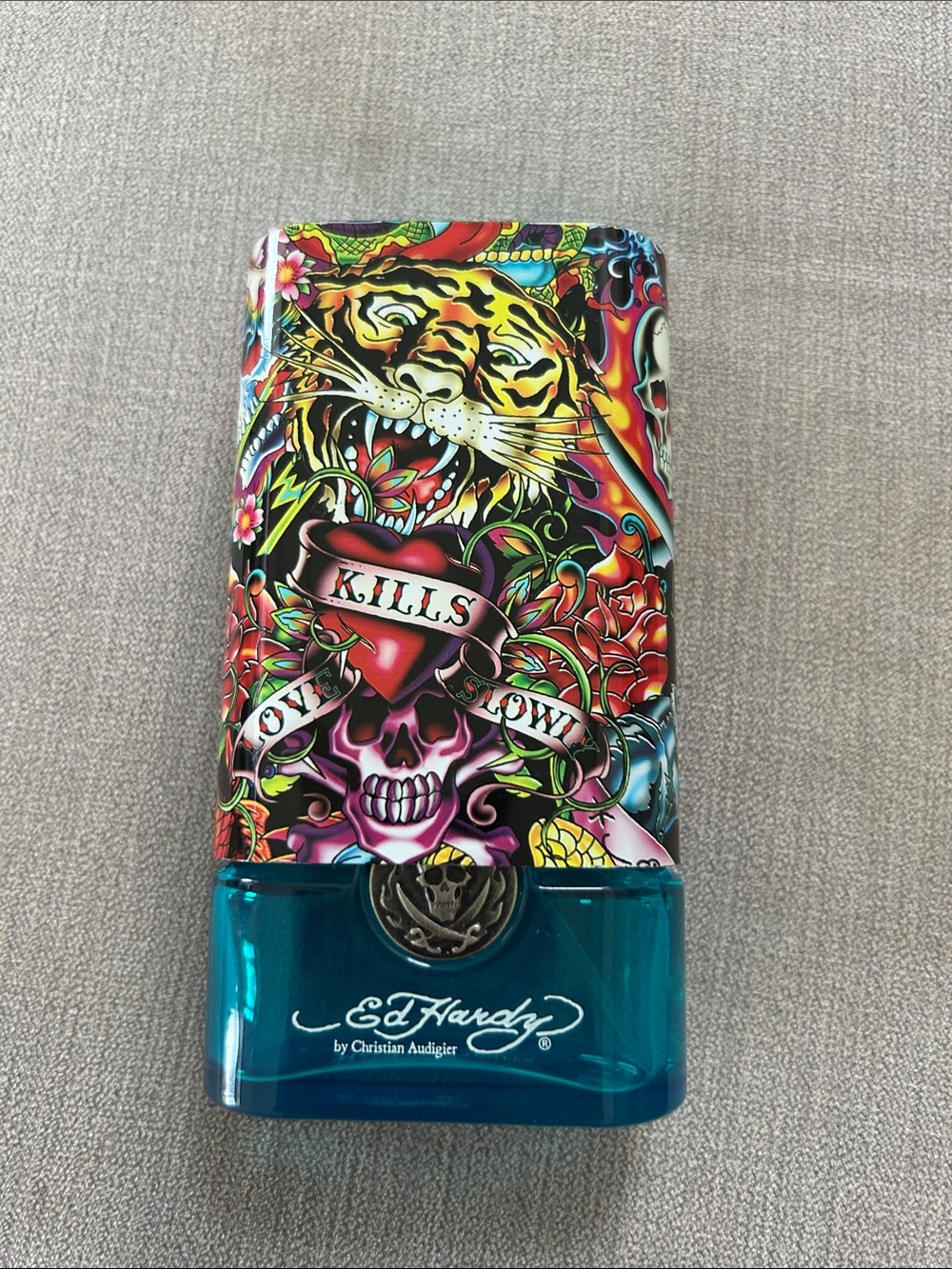 Ed Hardy Multicolor Graphic Tiger & Skull Design with Teal Base